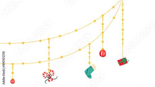 Christmas Hanging Star Garlands with Candy Cane, Stocking, Gift Box and Bauble Isolated on Transparent Background