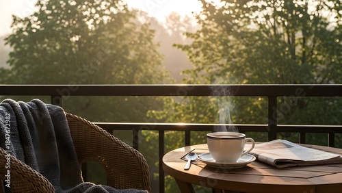 Coffee on balcony with newspaper and scenic view