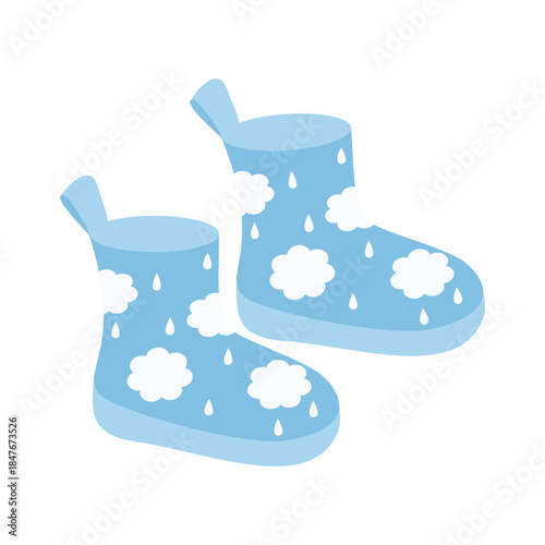 Cute kids rubber boots vector illustration with cloud and raindrop pattern. Flat waterproof rain footwear for children in blue colors, gumboots isolated on white background.