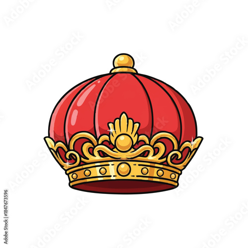 A vibrant red crown with gold accents and a white background, featuring a regal design with a central jewel.