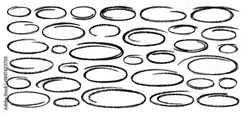 Chalk highlight oval. Circle highlight png. Hand drawn line oval by pencil, crayon, pen, marker, chalk or brush. Rough round underline circle. Outline doodle sketch for text highlight. Vector text box