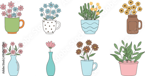 Cute Flower Arrangement Collection in Cups Pots and Vases with Pastel Colors for Home Decor Flat Vector Illustration
