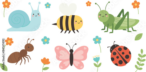 Cute Garden Insect Character Set with Snail Bee Grasshopper Butterfly Ant and Ladybug in Colorful Flat Cartoon Vector Illustration