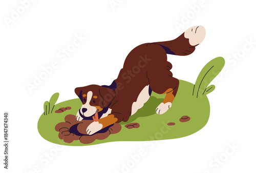 Cute dog with sticking tongue digs hole in ground. Naughty puppy has fun in soil. Adorable pup plays outdoors. Behavioral problems of pets. Flat isolated vector illustration on white background