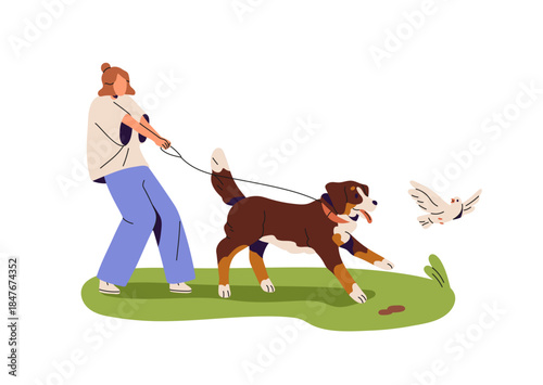 Naughty dog pulls the leash chasing pigeon at strolling. Cute puppy with unwanted behavior while walking. Owner and stubborn pet, animal in park. Flat isolated vector illustration on white background