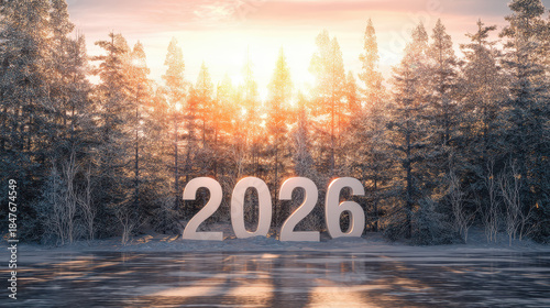 New year 2026 winter forest sunrise with snow covered trees and frozen lake reflecting warm sunlight