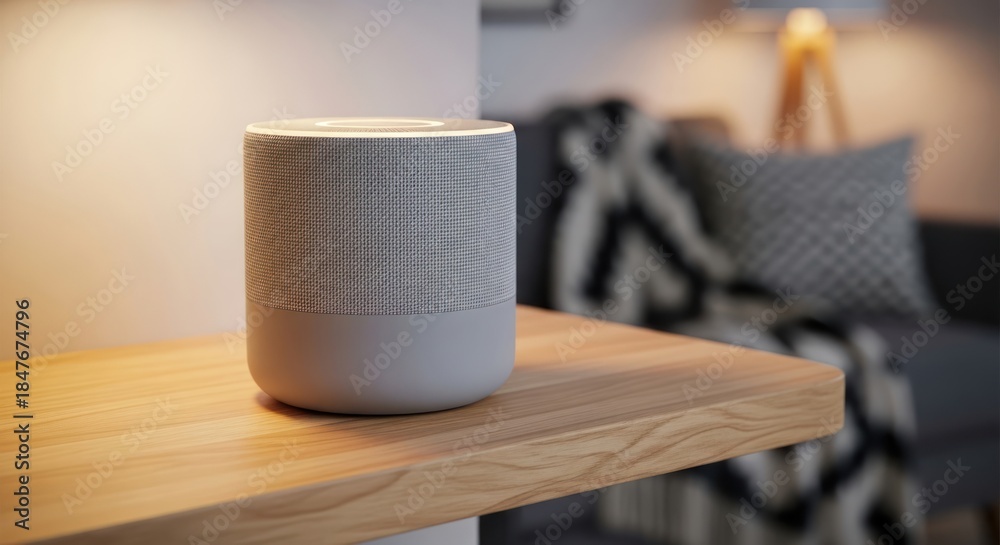 Naklejka premium Smart speaker device illuminated, showcasing modern living room ambience