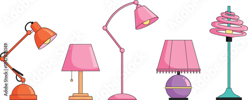 Cute Desk and Floor Lamps Set in Pink and Orange Flat Cartoon Vector Illustration Collection