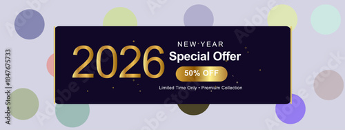 Luxurious 2026 New Year Special Offer Banner With 50% Discount On Polka Dot Background