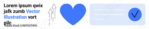 Wellness, approval, trust, success, growth validation. Blue heart arrows and a checkmark on a document. wellness and approval conceptual ideas. Line metaphor. Simple line icons