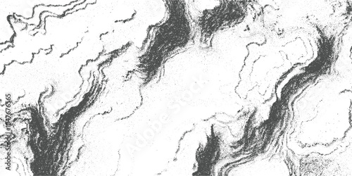 Dark gray stippled abstract pattern with swirling organic shapes and lines on white background texture