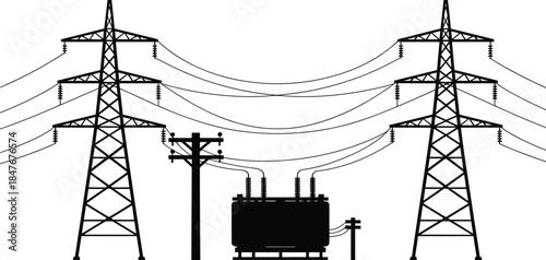 Electric power transmission infrastructure silhouette with high voltage towers transformer substation and utility lines isolated on white background