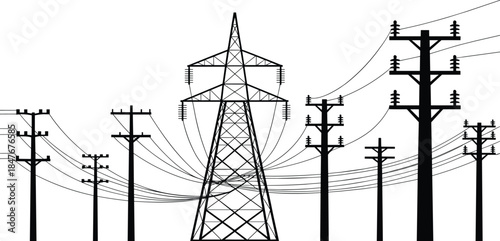 Electric power transmission tower with distribution utility poles silhouette electricity grid infrastructure isolated on white background energy network concept