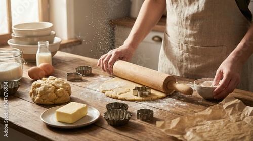Person rolling out dough on wooden table, surrounded by baking ingredients like flour, butter, eggs, and milk, creating a cozy atmosphere for homemade pastry preparation and culinary creativity