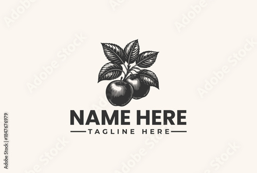 A vector illustration of a logo featuring two fruits with leaves and a customizable text area for a name and tagline on a plain background.