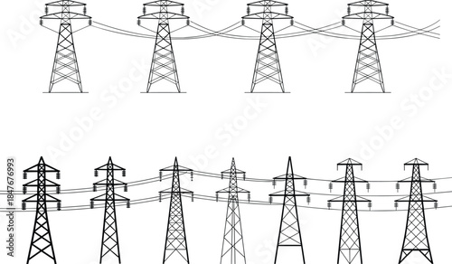 High voltage transmission towers with power lines set, electricity grid infrastructure illustration, industrial energy distribution, minimal line art design