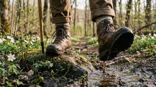 Hiking boots are stepping on a moss-covered rock along a forest trail, with vibrant wildflowers and a gentle stream nearby, illustrating the essence of outdoor exploration and connection with nature