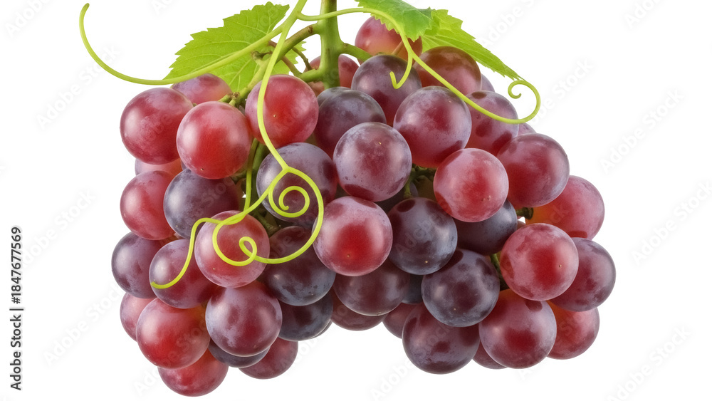 Fototapeta premium Isolated Cluster of Red Grapes with Leaves, Healthy Fruit, Antioxidant Food, Deliciousness