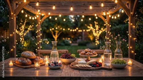 Outdoor dining setup featuring a wooden table adorned with an array of delicious foods, sparkling lights overhead, creating a warm and inviting atmosphere for a cozy evening gathering