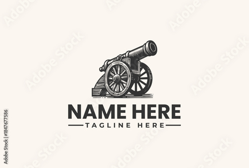 A vector illustration of a historic cannon with customizable text fields for a logo or brand identity on a neutral background.