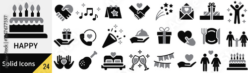 Happy icons representing love gift celebration and wedding in black
