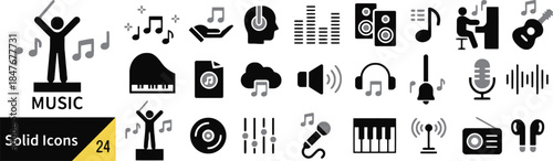 Music related solid icons set for web design, mobile app in black silhouette