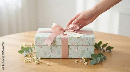 A hand is carefully positioning a floral-patterned gift box with a pink ribbon on a wooden table, complemented by fresh greenery, evoking a sense of celebration and joy for special moments
