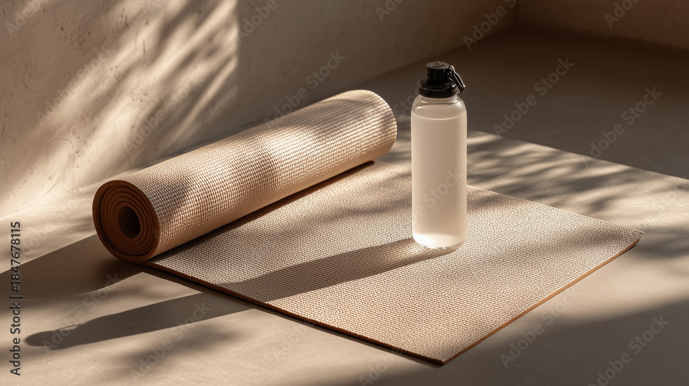 Fototapeta minimal yoga mat and water bottle in soft sunlight, calm wellness still life with yoga mat, mindful fitness concept with yoga mat and hydration
