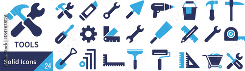 Set of tools solid vector icons in blue color