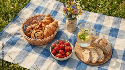 Picnic scene featuring a woven basket filled with assorted pastries, fresh strawberries, a wooden platter with sliced bread, and a refreshing beverage in a glass pitcher on a checkered blanket outdoor