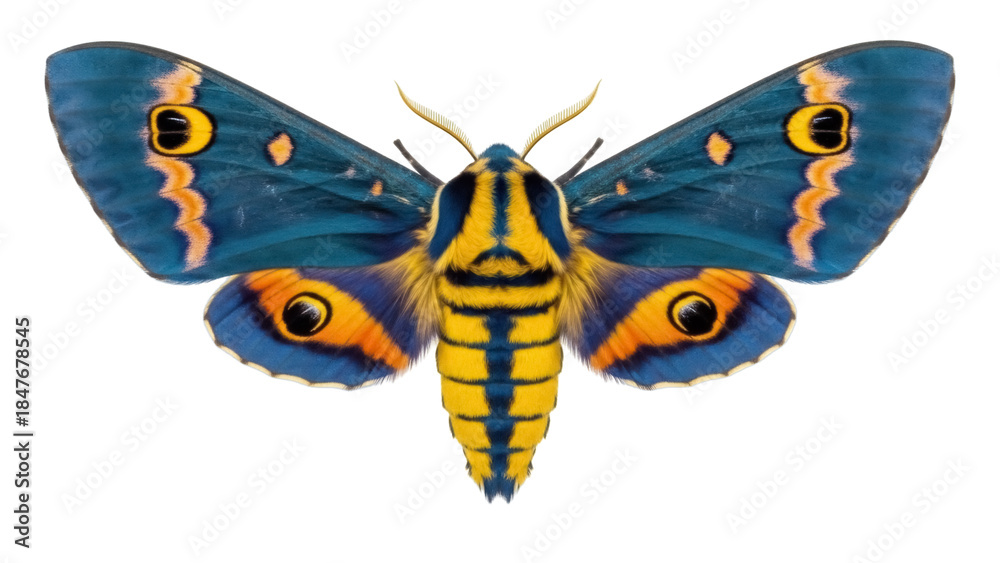 Obraz premium Isolated colorful emperor moth with striking blue and yellow pattern on its wings spread out