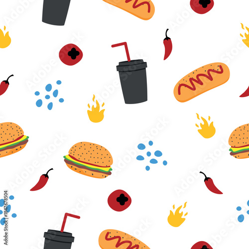 Seamless vector pattern of fast food burgers soft drinks and hot dogs for fun and playful designs