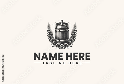 A black and white vector illustration of a beer barrel logo with wheat leaves on a beige background, featuring placeholder text for a name and tagline.