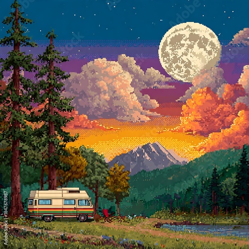 Retro 16-bit pixel art of a nostalgic aesthetic summer landscape.