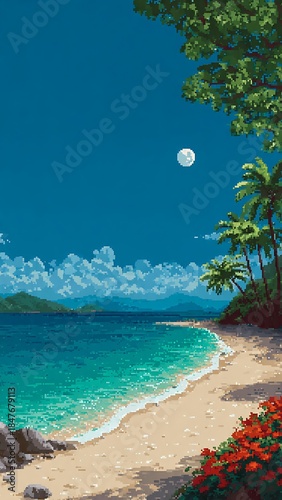 Retro 16-bit pixel art of a nostalgic aesthetic summer landscape.