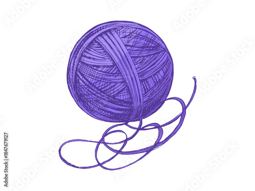 Hand drawn vintage sketch of purple yarn ball with swirling thread, isolated vector illustration on white background