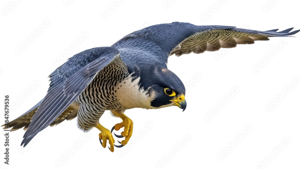 Obraz premium Isolated Peregrine Falcon in Flight, Raptor Hunting Mid-Air, Bird of Prey on the Prowl
