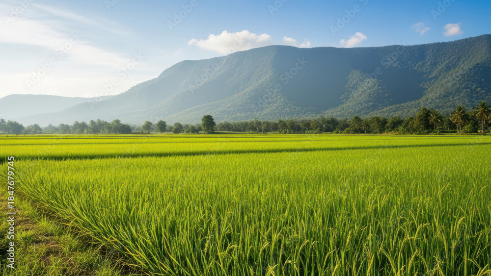 Fototapeta premium Lush green rice fields under a blue sky and mountains
