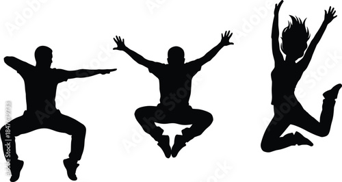 Set of young people jumping silhouettes, joyful dance, freedom, happy fun, active lifestyle, successful motion, energy, excitement, celebration, vector.