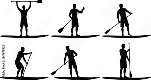 Stand up paddleboarding men silhouettes set, paddle board, water sport, recreation, surfing, leisure, fitness, balance, summer activity, vector.