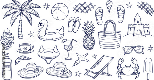 Hand Drawn Summer Beach Doodle Collection with Palm Tree Flamingo Pineapple Sunglasses and Vacation Icons Line Art Vector Illustration
