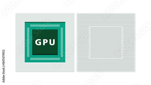 Flat illustration of a packaged GPU showing front and back views used in AI computing servers data centers and high performance semiconductor systems