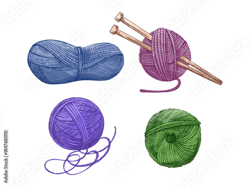 Hand drawn vintage sketch of multicolored yarn balls and knitting needles set, isolated vector illustration