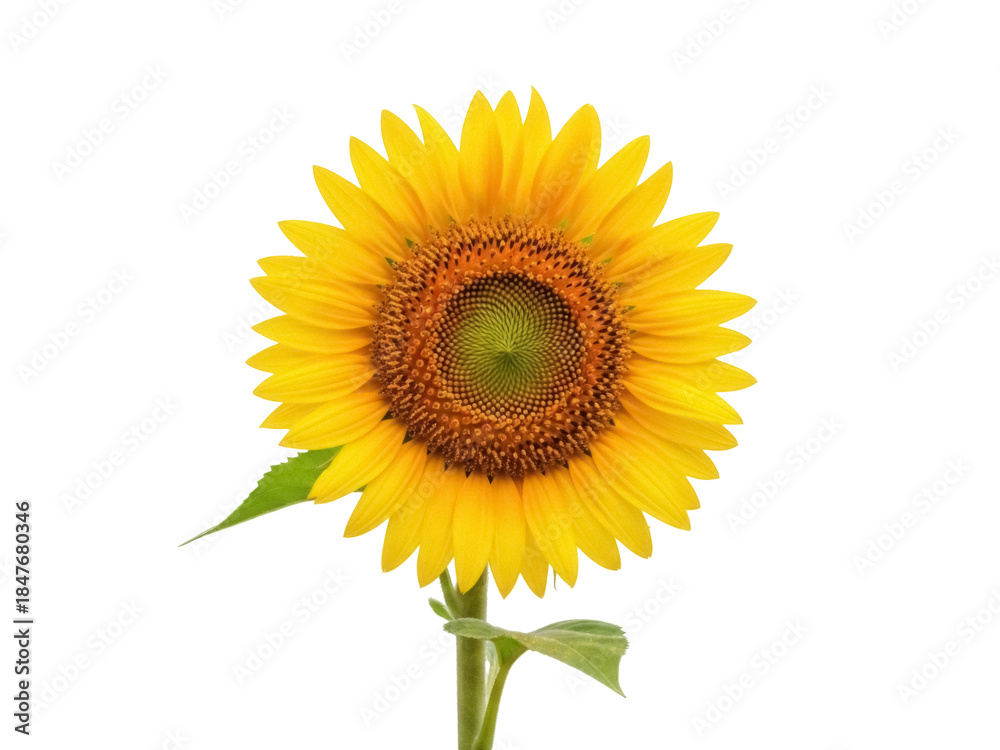 Fototapeta premium Isolated beautiful blooming sunflower, Helianthus annuus flower plant growing, stem and leaf