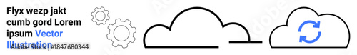 Cloud computing, data storage, digital workflow, synchronization, automation, software integration. Black outlined cloud icons, blue sync symbol and gear shapes. Cloud computing and synchronization