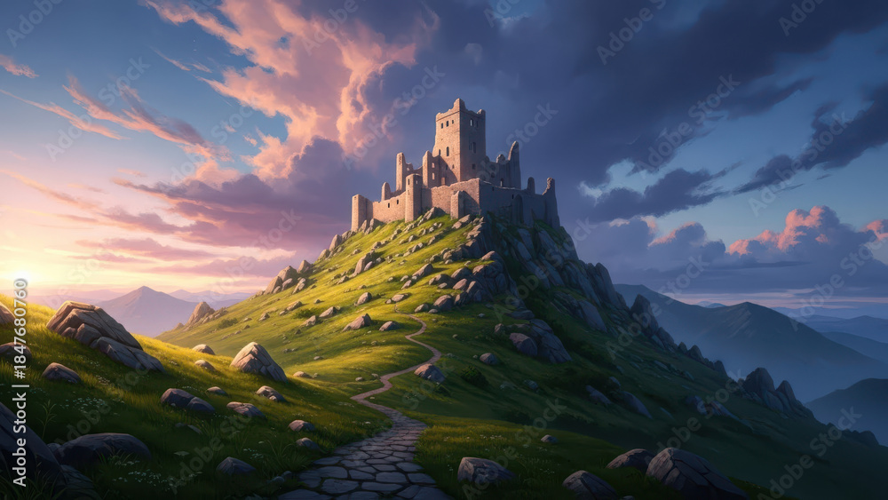 Obraz premium Majestic castle on a hill illuminated by the sunset light