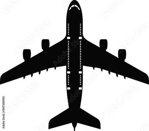 Top view silhouette of large commercial airplane, passenger jet, airliner, travel, flight, aviation, transport, cargo, aircraft, vector.
