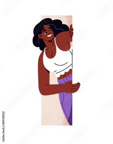 Happy young woman is peeking behind wall. Curious black girl with smile looks out. Laughing African American person peeps outside with curiosity. Flat isolated vector illustration on white background