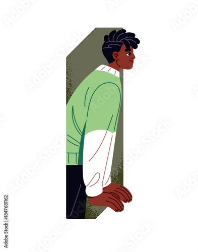 Happy young man is peeking outside window side view. Curious black boy with looks out, peeps outdoor with curiosity. Interested person is gazing. Flat isolated vector illustration on white background