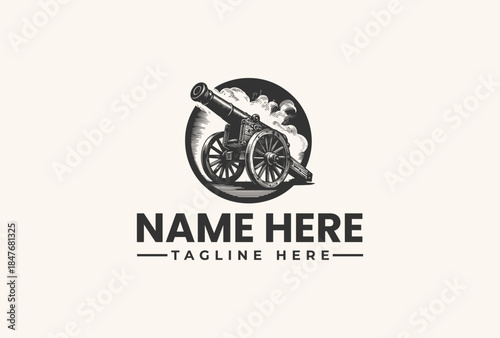 A black and white illustration of a cannon logo with smoke and a circular background, accompanied by placeholder text for a name and tagline on a plain beige background.